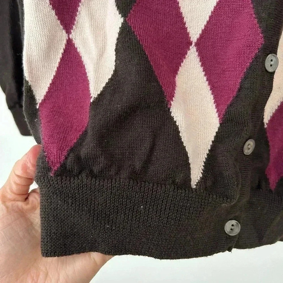 Lacoste fine merino wool argyle brown cardigan sweater - Picture 6 of 11